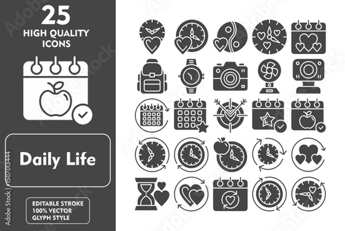 Daily Life Glyph Icon Set. Incleded Icons Lifetime, Love time, Yin yang, Lifespan, Romantic date, Bagpack, Watch, Camera, Fan, Webcam. Vector Icons Collection