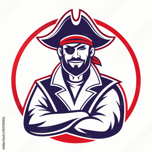 Confident Pirate Captain with Eye Patch and Arms Crossed in Red Circle