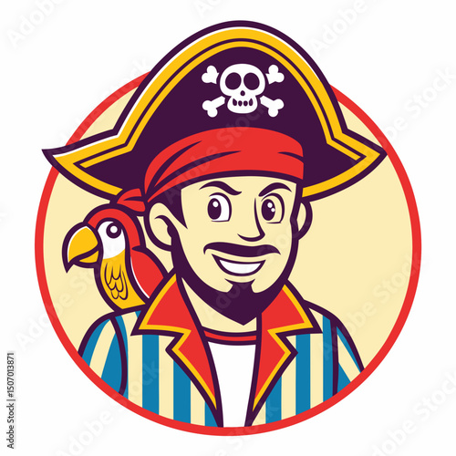 Cartoon Pirate with Parrot on Shoulder in Circle Frame Illustration