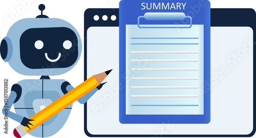 artificial intelligence big data server thinking for auto writing summary technology automation flat illustration, AI Robot Generating Automatic Text Summaries on Digital Document