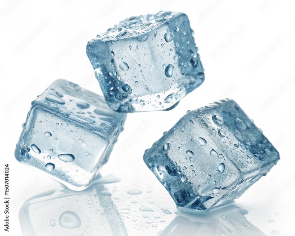 Obraz premium Three wet ice cubes falling isolated on white background