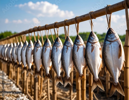 Sun Dried Fish Hanging Outdoors on Bamboo Poles Asian Food Tradition