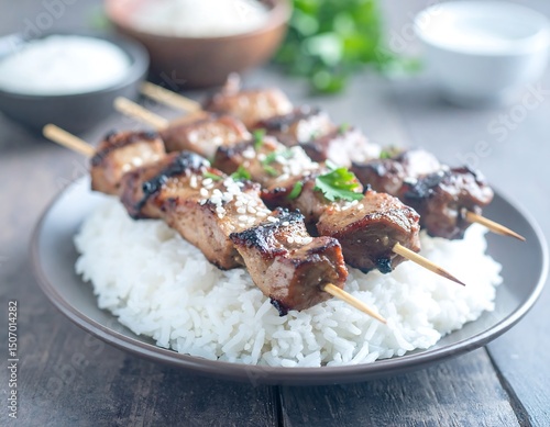 Delicious Grilled Pork Skewers Served on a Bed of Fluffy White Rice A perfect Asian inspired meal