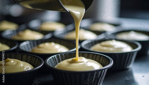 Creamy Batter Being Poured into Muffin Tins for Baking Delicious Cakes