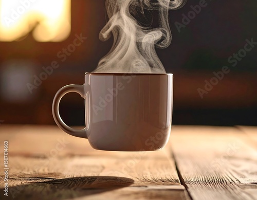 Warm Mug of Coffee Steam Rising on Rustic Wooden Tabletop Hot Drink Concept