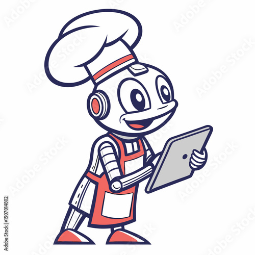 Cartoon Robot Chef with Tablet for Cooking Recipes and Food Delivery
