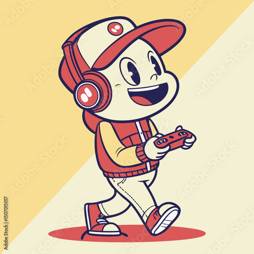 Cartoon boy gamer walks with headphones and controller in retro style