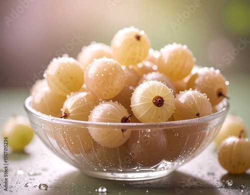 Fresh Juicy Gooseberries in Glass Bowl Water Droplets Healthy Eating