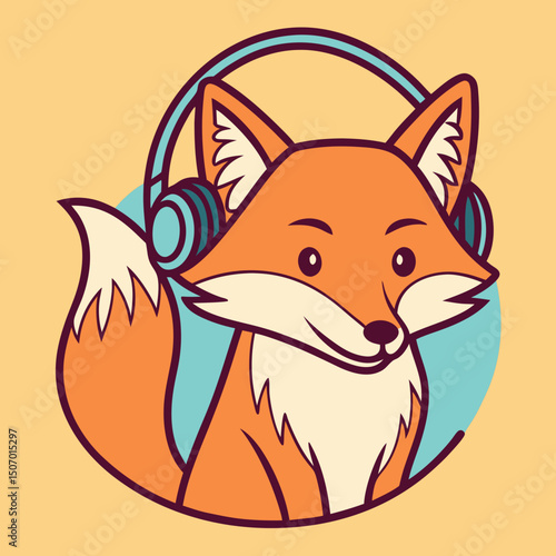 Cute Cartoon Fox with Headphones Listening to Music in a Circle