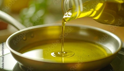 Pouring Olive Oil into a Pan for Cooking Healthy Food Preparation