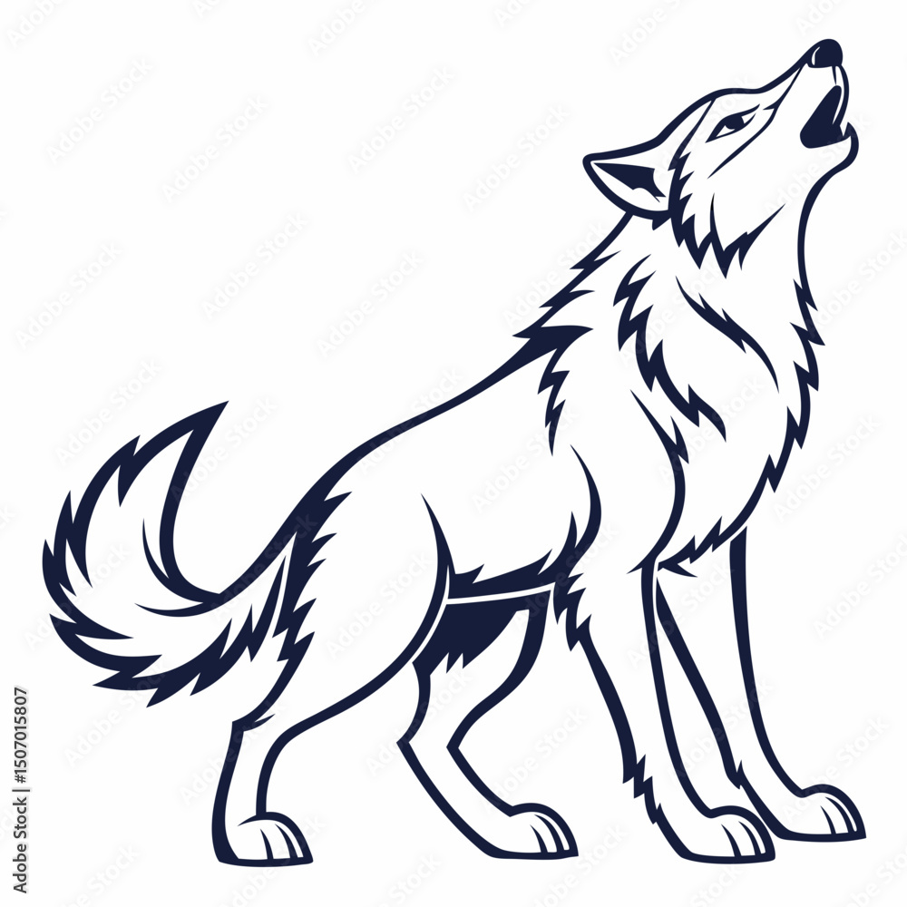 Obraz premium Stylized Howling Wolf Illustration in Dark Blue on a White Background