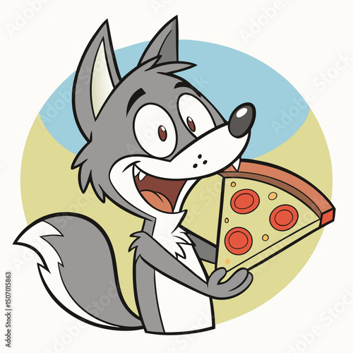 Cartoon wolf happily holding and about to eat a slice of pizza