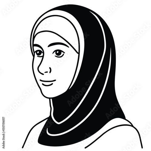 Elegant Woman in Hijab Minimalist Black and White Vector Illustration
