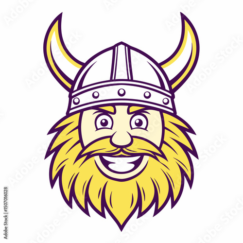 Cartoon Viking Head with Horned Helmet and Beard Smiling Happily