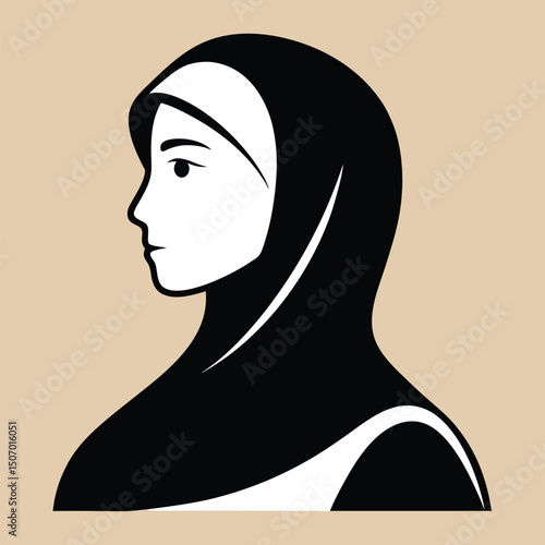 Elegant Black and White Silhouette of a Woman Wearing a Hijab
