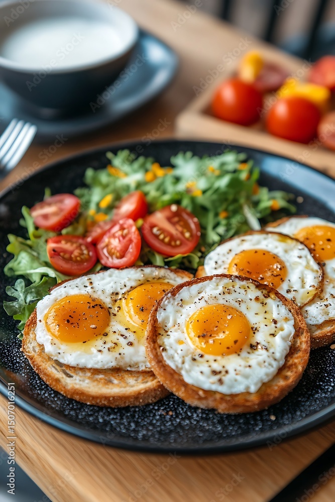 Breakfast with eggs, salad, and toast Breakfast with eggs, salad, and toast
