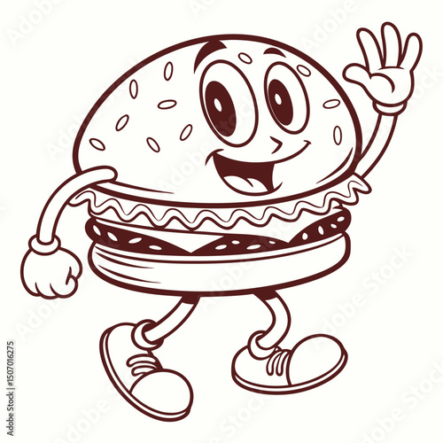 Cartoon Burger Character Waving Hand and Walking with a Happy Expression
