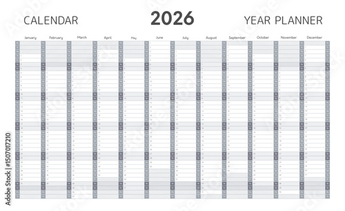 2026 year planner template, wall or desk calendar in gray colors. Blank schedule grid for 2026 year with twelve months vertical grid for daily and monthly agenda in minimal style, vector illustration