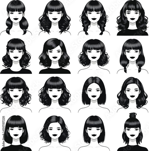 Collection of stylish black and white vector illustrations of various female hair styles