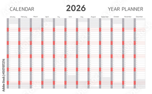 2026 year planner, wall calendar template in minimal style for daily and monthly agenda. Blank annual planner for 2026 year with twelve months vertical grid gray and red colors, vector illustration