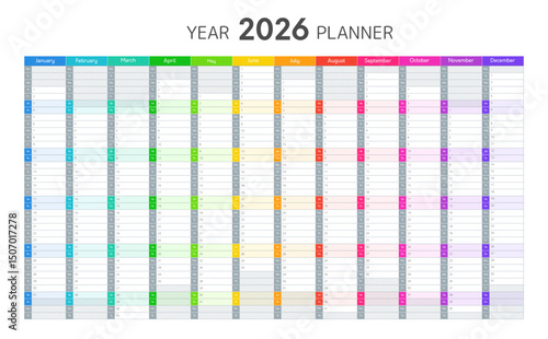2026 year calendar, planner for work and education. Blank planner for daily and monthly agenda. Schedule template for 2026 year with grid in gray and rainbow colors, vector illustration