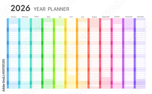 2026 year planner, wall calendar for daily and monthly agenda. Blank schedule template for 2026 year with twelve months vertical grid in rainbow colors, vector illustration