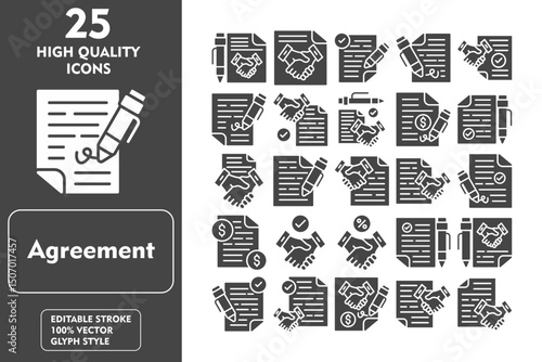 Agreement Glyph Icon Set. Incleded Icons Job, Agreement, Contract, Deal, File, Employment, Business, Paper, Arrangement, Handshake, Document. Vector Icons Collection