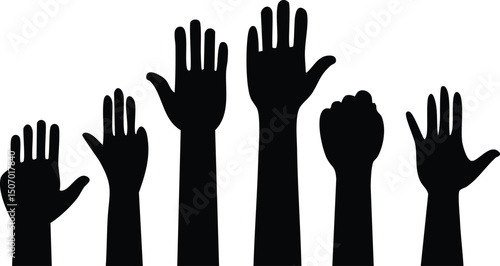 Vector Set of Raised Hands Silhouettes with Central Clenched Fist Symbolizing Unity and Activism

