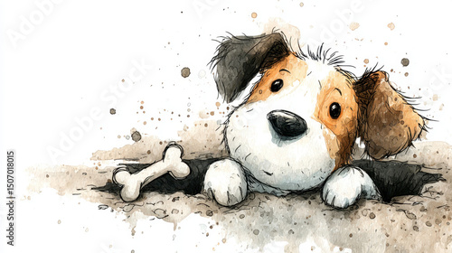 Cute Puppy Digging for Bone Watercolor Painting