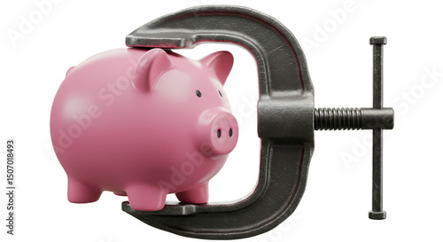 3D Rendering of a Pink Piggy Bank Being Squeezed in a Metal Clamp Tool