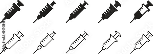 Syringe injection with needle silhouette icons set black flat, outline styles. Elements representing medical injections, vaccinations and healthcare displayed vectors. Equipment symbols illustration.