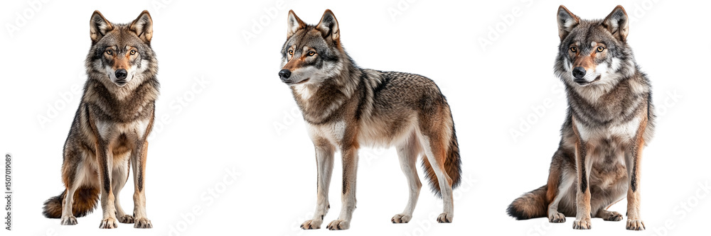 Fototapeta premium Set of wild wolves isolated on transparent background PNG