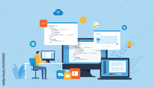 flat vector illustration  web design and web application design process concept. with a web designer and developer programmer team working. 