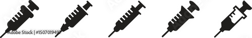 Syringe injection with needle silhouette icons set trendy black flat styles. Elements representing medical injections, vaccinations and healthcare displayed vectors. Equipment symbols illustration.