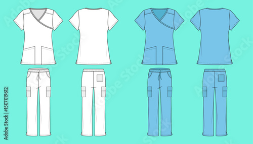 Medical Scrub set colour way fashion flat sketch CAD mockup front and back views.