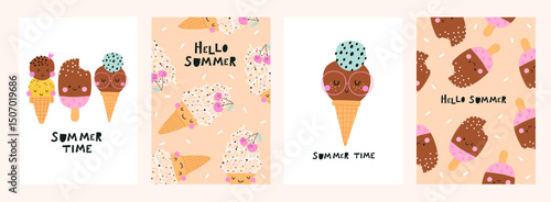 Summer card set with Ice cream in a playful cartoon style. Vector illustration