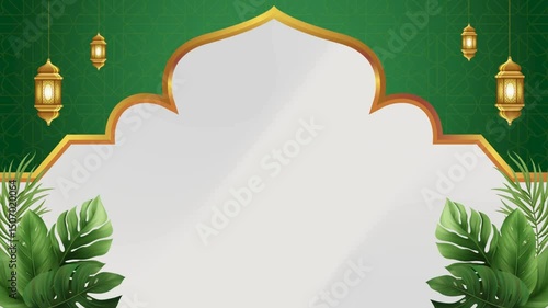 Islamic Festival Background:Elegant Islamic-style background design featuring a gold arched frame, lush green foliage, and hanging lanterns, perfect for Ramadan or Eid celebrations.