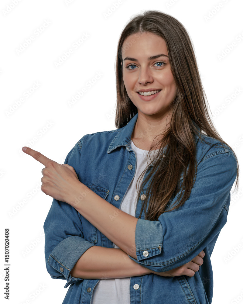Portrait of a woman in denim jacket pointing to the left smiling softly on transparent background Portrait of a woman in denim jacket pointing to the left smiling softly on transparent background