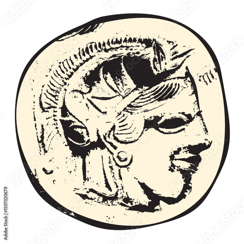Antike griechische Münze mit dem Portrait eines Herrschers mit Helm. Profilansicht. Vektordatei