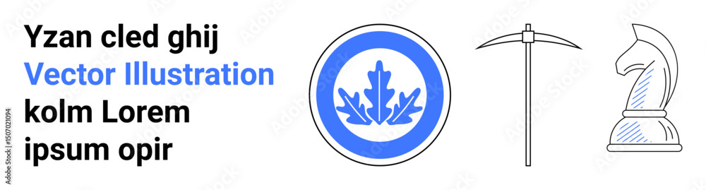 Fototapeta premium Leaf emblem in blue circle, outlined pickaxe, and chess knight symbolizing strategy, nature, tools, and focus. Ideal for branding, strategy, games tools nature concepts and simple landing page