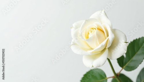 Close-up of a single white rose on a bright white background, high-resolution, macro, romantic