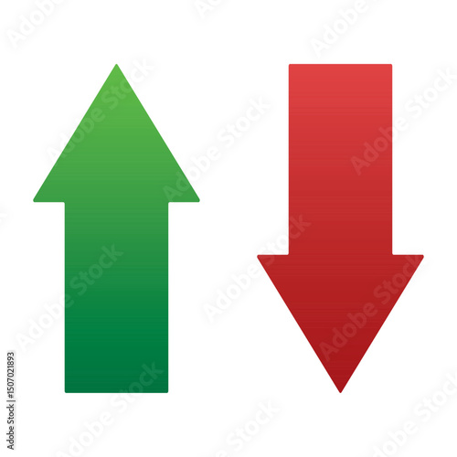 Up and Down sign with green and red arrows vector illustration. Concept of sales bar chart symbol icon with arrow moving down and sales bar chart with arrow moving up.