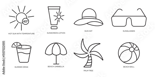 Line icons depict summer essentials hot sun, sunscreen, hat, sunglasses, drink, beach umbrella, palm tree, and beach ball. Perfect for travel brochures.