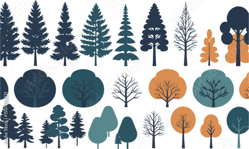 A Modern vector-style illustration set of various tree silhouettes, easily scalable and editable.