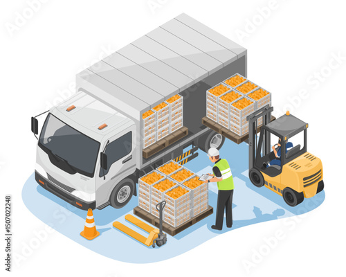 Isometric illustration of food distribution and logistics process with workers loading crates of produce onto a truck representing medium sized business and import export operations