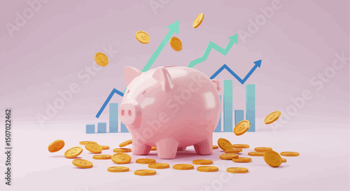 Pink piggy bank and euro coins for banking savings and investment