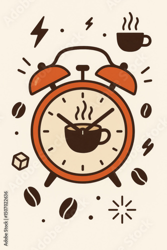 Morning coffee alarm clock wake up time concept. Energy caffeine break routine hot beverage steam cup beans sugar cube. Time management lifestyle breakfast daily vector
