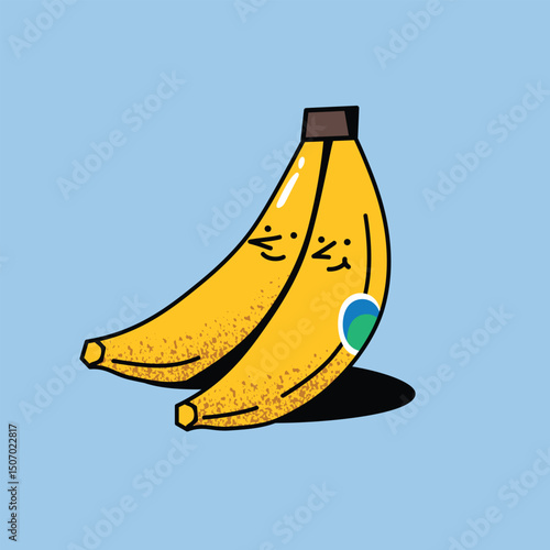 Two bananas with a sticker. Minimalistic japanese style. Smiling fruit. Isolated vector hand drawn illustration.
