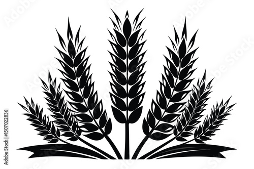 Group of Black Wheat Stalks and Ribbon Emblem Illustration Art Design Graphic