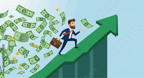 Illustration of a businessman rising in life progressing and winning financially. enrichment, financial success